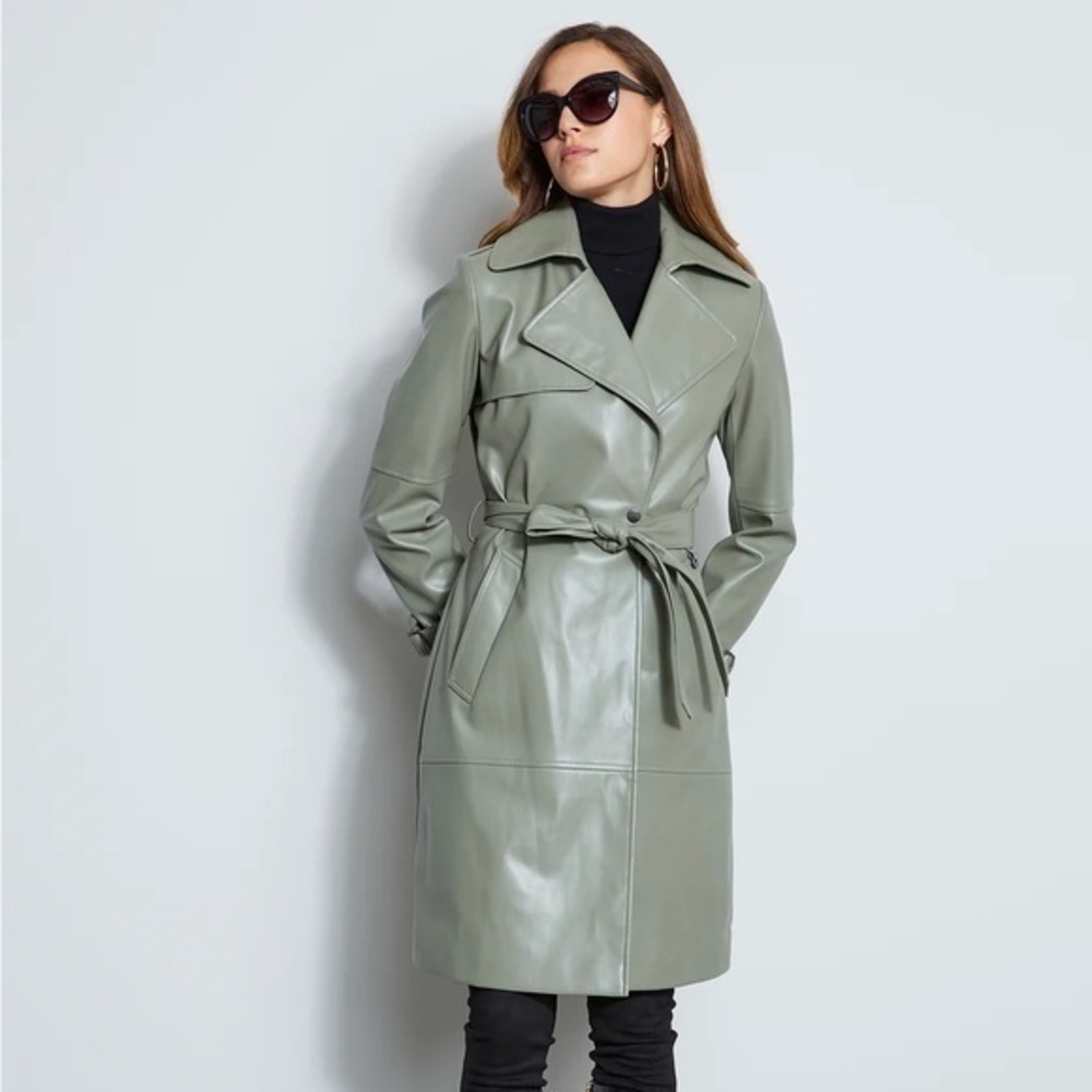 Elie Tahari Sage Green Vegan Leather Belted Trench Coat Large